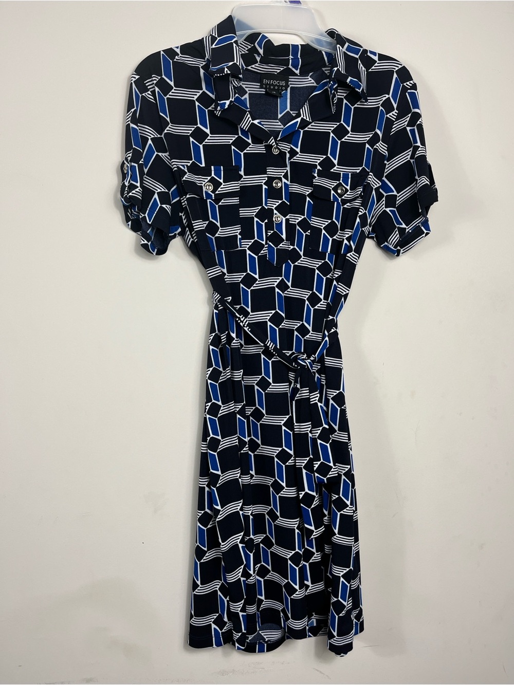 En Focus Geometric Shirt Dress Size 12 | Navy Blue Belted Button Front Work Midi